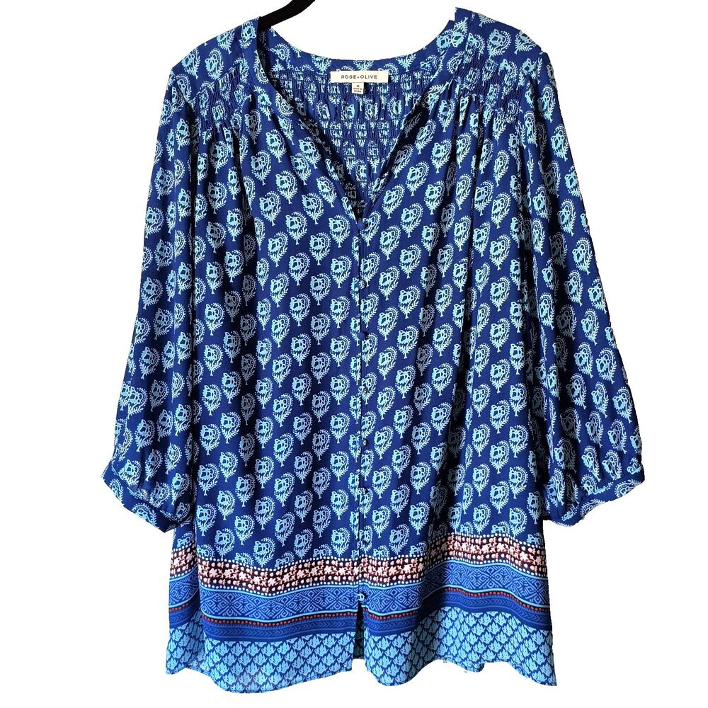 Rose & Olive Top 1X Blue Geometric Floral Smocking Button-up Boho Office Travel